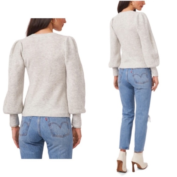 1 State Ruffle Balloon Sleeve Crewneck Rib Sweater Silver in light Gray New - Picture 2 of 8
